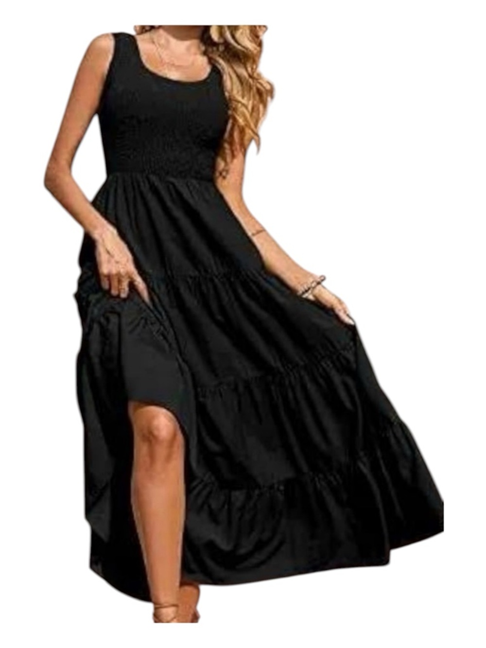NWT Fashion Black Sleeveless Smocked Bodice Tiered Maxi Dress Sz M